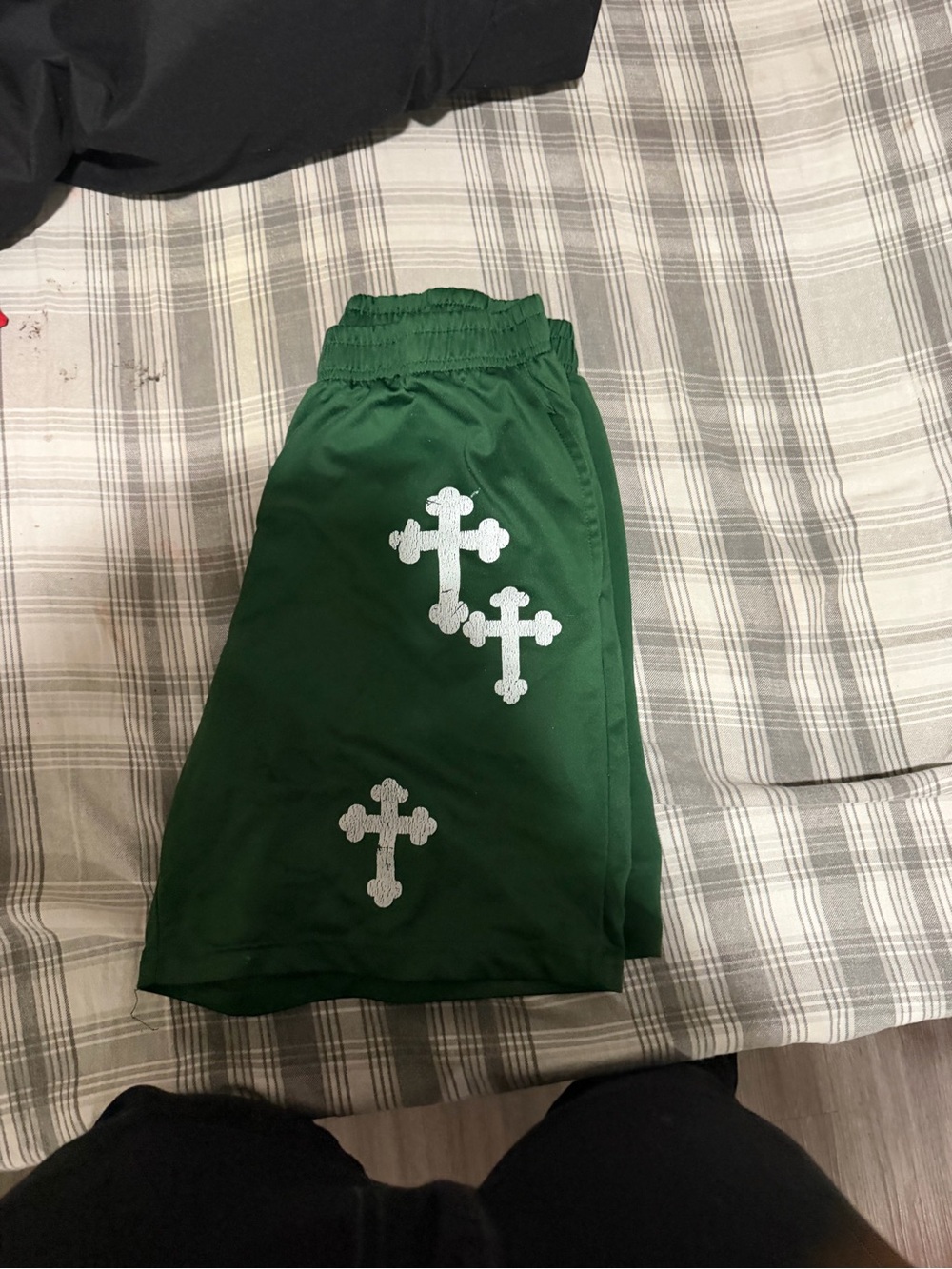 Green Kids Athletic Shorts with White Cross Accents
